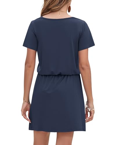 Image of AUSELILY Womens Summer Dresses 2026 Causal Short Sleeve V Neck Tie Front Mini Short Dress with Pockets