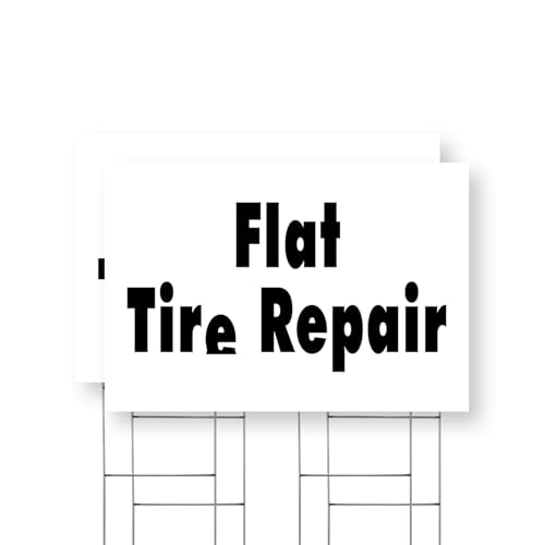 Flat Tire Repair Yard Sign 2 Pack of 24 Inch x 36 Inch Single Sided Weatherproof Heavy-Duty Plastic with Stake | Quick Service, Professional Mechanics, Affordable Pricing | Made in USA