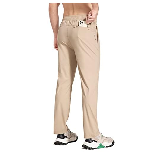 BALEAF Men's Running Pants Elastic Waist Lightweight Jogging Stretch Golf Workout Pants with Zipper Pockets Khaki L