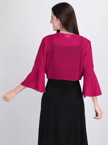 Image of AOL Women's Cropped Layered Lightweight Sheer Three-Fourth Bell Sleeves Georgette Open Neck Shrug Bolero