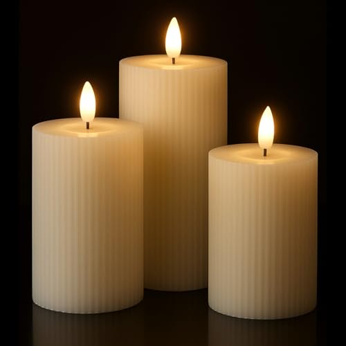 coku Set of 3 Flameless LED Pillar Candles, Real Wax Flickering M...