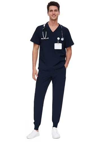 COZYFIT Scrubs for Men - 4 Pockets V-Neck Scrub Top and 7 Pockets Jogger Pants Mens Scrubs Set, Navy Blue, M, Tall