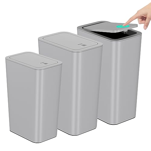 Image of N. NETDOT Bathroom Trash Can with Lid 3 Pack Set, 2 Packs 4 Gal Slim Kitchen Trash Can and 1 Pack 2.6Gal Garbage Can, Small Trash Bin/Waste Basket for Bedroom (Grey, Pack of 3)