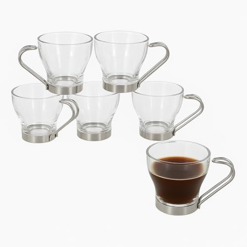 Gissed Set de 6 Tazas de Vidrio, 85 ml, Asa Metálica, No Aptas para Lavavajillas ni Microondas