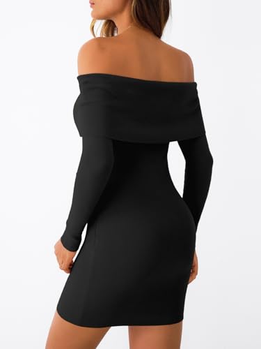LILLUSORY Womens Folded Neck Off The Shoulder Long Sleeve Mini Going Out Bodycon Pullover Sweater Dress 20254