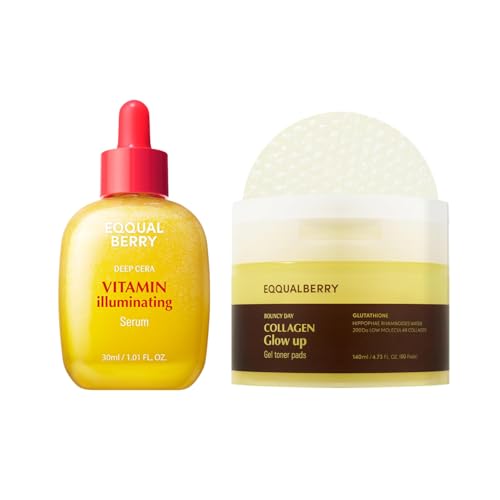EQQUALBERRY Radiance Boosting Duo – Vitamin Illuminating Serum & Collagen Glow Up Gel Toner Pads | Niacinamide & Vitamin C for Brightening & Skin Tone Correction