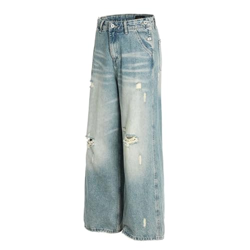 Men's Spliced Wide Leg Jeans, Washed Distressed, Retro High Street Loose Fit Denim Pants3