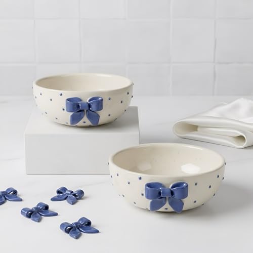 Image of SNS Blue Bow Ceramic Serving Bowl Set (Set of 2) | Cute Pinterest Style Kitchen Bowl | Aesthetic Snack, Salad, Cereal, Dessert & Soup Bowl | Premium Kitchen & Breakfast Bowl (Lumi Blue Bow Bowl)