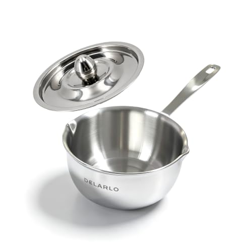 Image of DELARLO Tri-Ply Stainless Steel Small Stainless Steel Pot with Pour Spout | Mini Sauce Pan for cooking, for Butter Melting, Chocolate, Milk, Induction Compatible, Small Pot with Lid