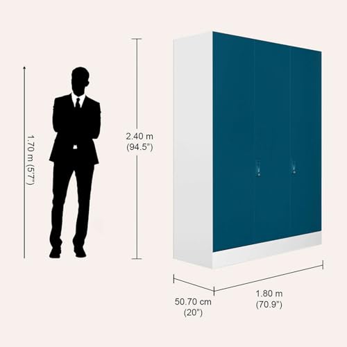 Image of Interio by Godrej Slimline XL 3 Door Steel Almirah (Matte Alpine White and Semigloss Turkish Tile) + 1 Year Warranty, Locker, 8 Shelves