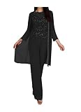 Conjuntos de pantalón de novia para mujer de talla grande para la madre del novio, 3 piezas de fiesta formal de noche para boda, Negro, 50