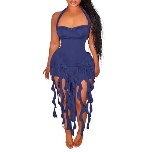 Image of Aro Lora Womens Sexy Halter Neck Sleeveless Ruffle Tassel Party Club Bodycon Mini Dress