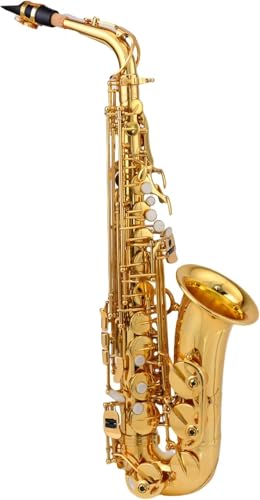 Saxofón tenor, cuerpo de latón, lacado dorado, instrumento de viento de madera con estuche de transporte, guantes, paño de limpieza, cepillo y correas para el cuello
