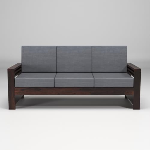 Image of Sheesham Wooden 7 Seater Sofa for Living Room | Rosewood 7 Seater Cushion Sofa with Side Teapoy for Home & Office | Solid Wood Sofa Set for Lounge (Walnut,Grey,3+2+2 Seater)