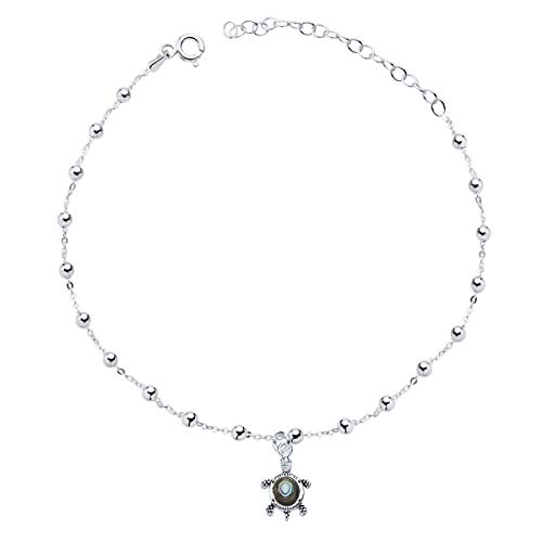 Iyé Biyé Jewels Bracelet de cheville pour femme Tortue avec pendentif en argent sterling 925 Chaîne boules 21 + 5 cm réglable Cover