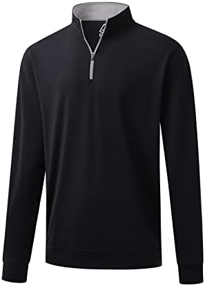 DEOLAX Quarter Zip Pullover Men Solid Mens Sweatshirt Mens Dry Fit Long Sleeve Golf Shirts Moisture Wicking 1/4 Zip Pullover Mens Mock Neck Fishing Running T-Shirts UPF 50+ Golf Shirts for Men (Black
