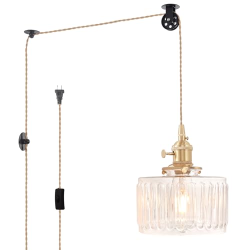 Image of Shenmoyl Plug in Pendant Light Hanging Light Fixture Corded On /Off Switch Brass Pendant Light with Clear Striped Glass Lampshade for Bedroom Living Room Kitchen Island