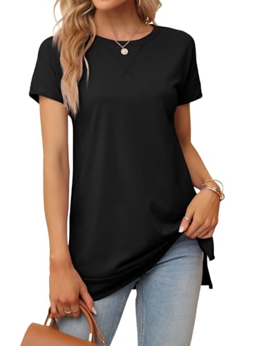 Women's Round Neck Solid Color T-Shirt Side Slit Casual Short-Sleeved Summer Sports Tunic Top3