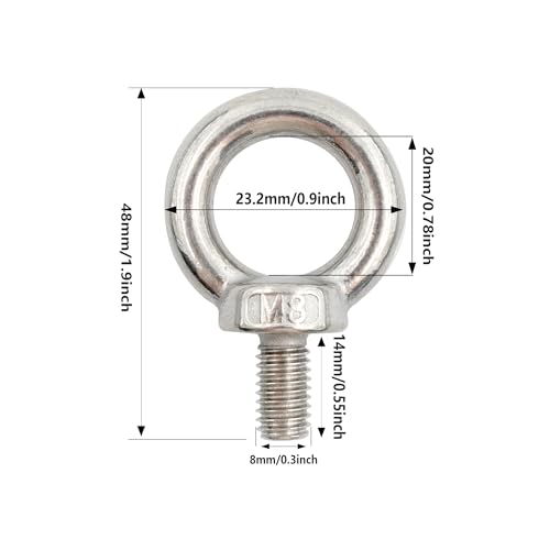 Image of 6PCS M8 Lifting Eye Bolt, Stainless Steel Male Thread Eye Bolts, Heavy Duty Screw Ring Shaped Eye Bolt