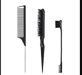 3-Piece Hair Styling Comb Set – Teasing Brush, Rat Tail Comb & Edge Brush for Slicking, Parting, Baby Hairs & Edges – Edge Control Brush for Women, Wigs, Braids & Natural Hair (Black)