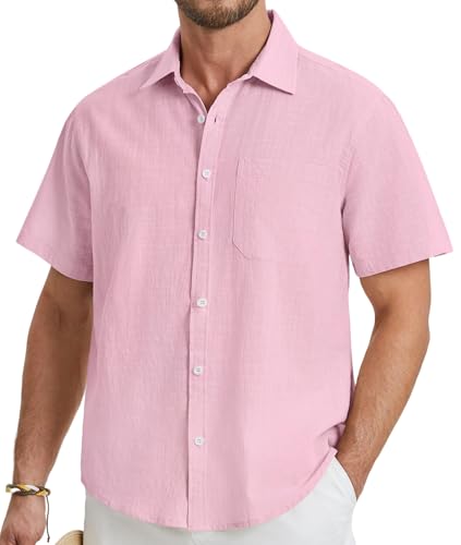 HISDERN Men's Pink Linen Short Sleeve Shirts Casual Summer Beach Button Down Shirt with Pocket Regular Fit 2XL