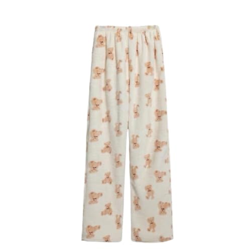 Women'S Flannel Printed Sleep Pants, Wide Leg Casual Pants, Cream And Beige Colors (Little Bear Sleepy Pants, M)