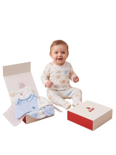 Image of 6 Pcs Clothing Gift Set with Box, 100% Cotton Soft & Breathable 6-Piece Layette Set with Bodysuit, Romper, Bib, Cap, Mittens & Swaddle, 0-12 Months, All-Season Wear