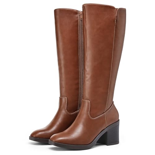 mysoft Women's Knee High Boots Square Toe Chunky Block Stacked Heel Tall Boots with Side Zipper3