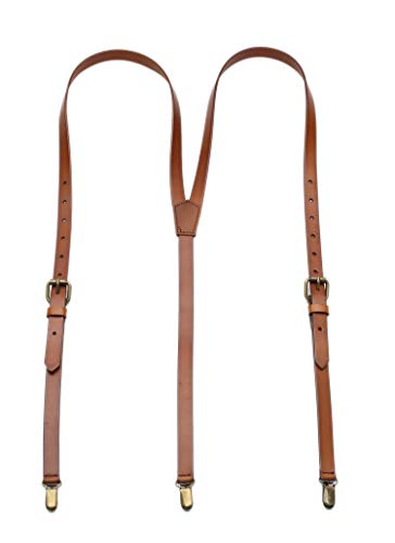 HIGBRE Leather Suspenders for Men Big and Tall Adjustable Y Back Design Genuine Leather Suspenders Wedding Party, Brown, M,175-185CM