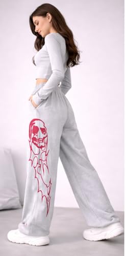 Image of CRAMPLEWomen's Graphic Print Wide Leg Sweatpants, Elastic Waist with Drawstring, Casual Streetwear Joggers