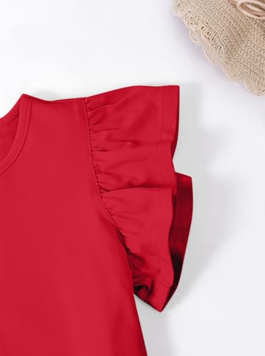 Image of Girls Striped Shirt Flutter Sleeve Top Crewneck Cute Summer T Shirts Casual Tees Red 9-10Y