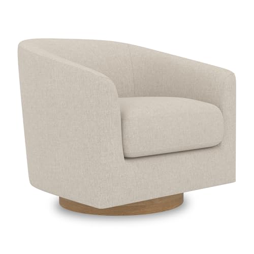 Image of Swivel Accent, Upholstered Modern Barrel-Curved Arm, Linen Fabric Comfty Sofa Solid Wood Base Reading Bedroom, Club Living Room Chair, 31.1 inchW x 31.5 inch D x 28.9 inch H, Flax Beige