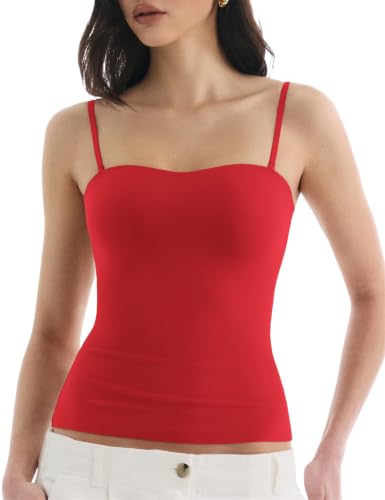 Camiseta sin mangas con doble forro para mujer, tirantes delgados ajustables, sin mangas, camiseta básica de verano, rosso, M