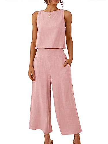 Image of ANRABESS Women's Summer 2 Piece Outfits Sleeveless Tank Crop Button Back Top Cropped Wide Leg Pants Set Pockets