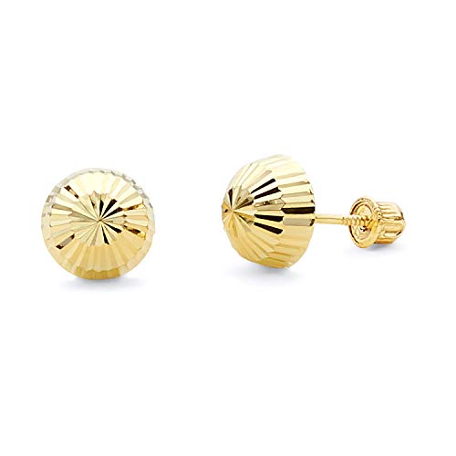 14k Yellow Gold Half Ball Diamond Cut Stud Earrings with Screw Back - 6 Different Size Available