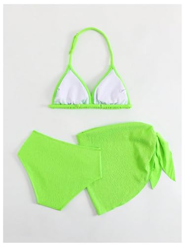 Image of RoseSeek Girl's 3 Piece High Wisted Bikini Set Backless Halter Bathing Suit Swimsuit Set with Cover Up Skirts