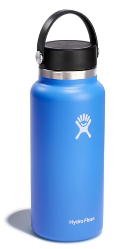 Water Bottle - Insulated Stainless Steel - Wide Mouth Flex Lid, Non Spill, Leakproof and Refillable in 32 Oz Cascade Blue