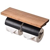 片手で切れる トイレットペーパーホルダー おしゃれ 1連 2連 シングル ダブル 2倍巻き 3倍巻き ペーパーホルダー ホルダー カバー アイアン 鉄製 飾り棚 棚付き 賃貸 天然木 棚付 2連式トイレット収納対応紙巻器 (ブラウン×ブラック)