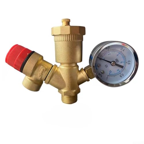 Yhenlovtt DN25 Válvula de grupo de seguridad de caldera de latón para sistemas de calefacción con alivio de 6 bares, válvula de sistema de calefacción, manómetro integrado y ventilación rápida de aire