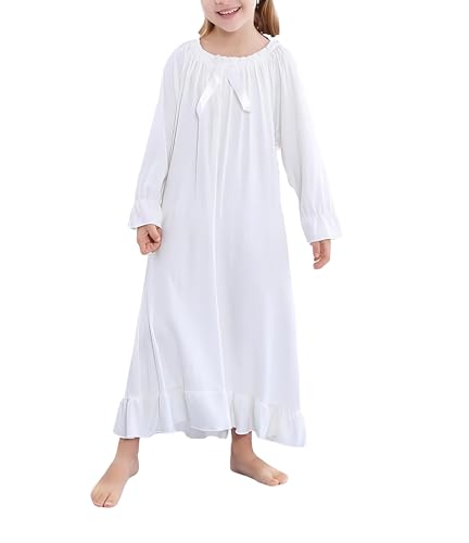 Cicilin Camisones de manga larga para niñas, vestido de pijama de princesa modal, blanco, 120