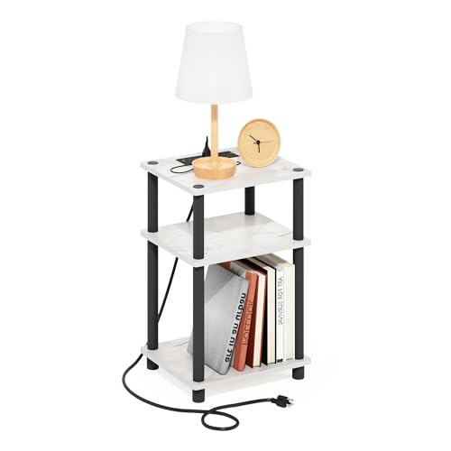 Image of Furinno Just 3-Tier Turn-N-Tube USB and Type-C Charging Port End Table with Open Storage, 11.42 (W) x 8.82 (H) x 6.77 (D) inches, Marble White /Black