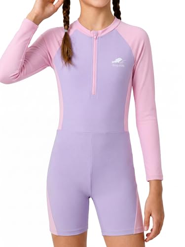 Gogokids Girls Rash Guard One Pieces Swimsuit UPF 50+ Sun Protection Long Sleeve Swimwear Color Block Half Zipper Bathing Suits,Purple,4-5Years