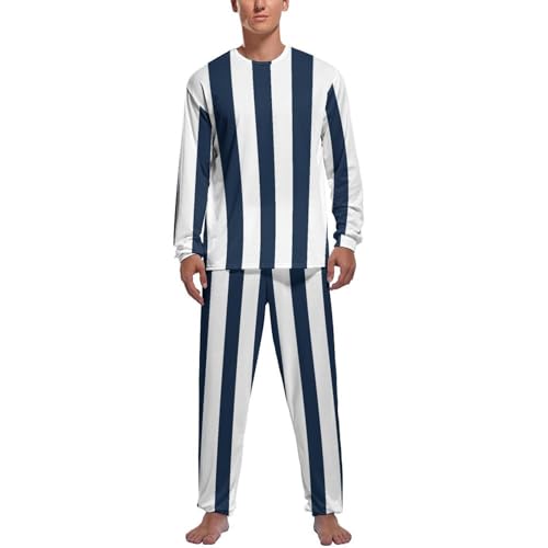 Pyjama homme rayures blanches bleues ensemble haut et bas manche longue coton