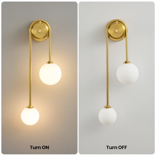 Image of Globe Wall Sconce, Double Hanging Ball Sconce, Modern Indoor Sconces | Gold Double Globe wall Sconce with Milk Glass Shades, Hardwired Indoor ball Sconce for Bedroom Bathroom Living Room Hallway