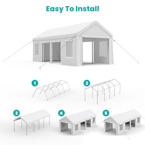 13x25ft Carport, Heavy Duty Carport with Reinforced Steel Poles, Upgraded Portable Garage with Doors & Window, UV Resistant All-Season Waterproof Tarp, for Car, Truck, Boat(White)
