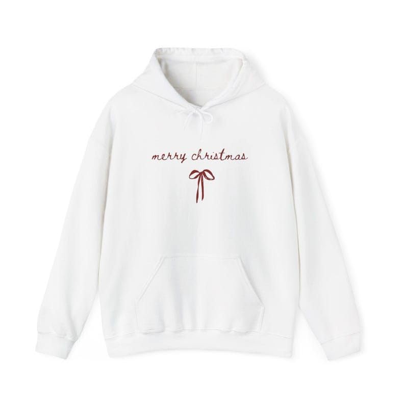 Merry Christmas Hoodie, White, Holiday Theme, Pullover Style, Festive Bow Design