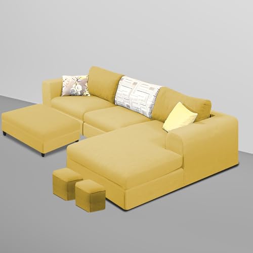 Image of Koza RHS 4 Seater L Shape Sofa Set with Center Table for Living Room (Yellow Fabric) Premium Fabric Sofa