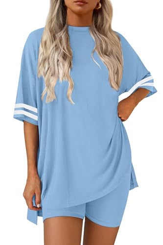 Ekouaer Pajamas 2 Piece Lounge Sets Womens Casual Crew Neck T-Shirts Tops Biker Shorts Set Comfy Pjs Outfits Light Blue L
