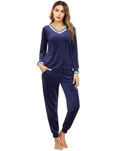 The 11 Best Loungewear Sets for Women Over 50: Comfort with Style (2025) 11 Irevial Velour Tracksuit Womens, Ladies Striped V Neck Long Sleeve Casual Sweatsuit Sets Cozy Loungewear with Sweatpants Petite Velvet Tops Navy Blue S