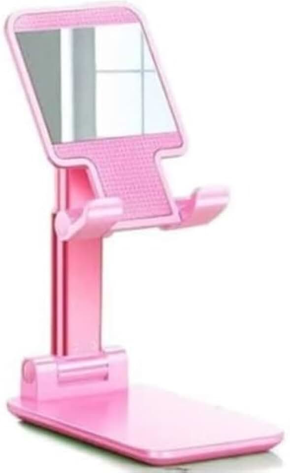 Suporte Retrátil Ajustável para Celular, Tablet e iPad – Portátil, Resistente e Rotativo até 72° | Versão Rosa com Espelho, Ideal para Mesa de Trabalho, Estudo e Maquiagem (Rosa)